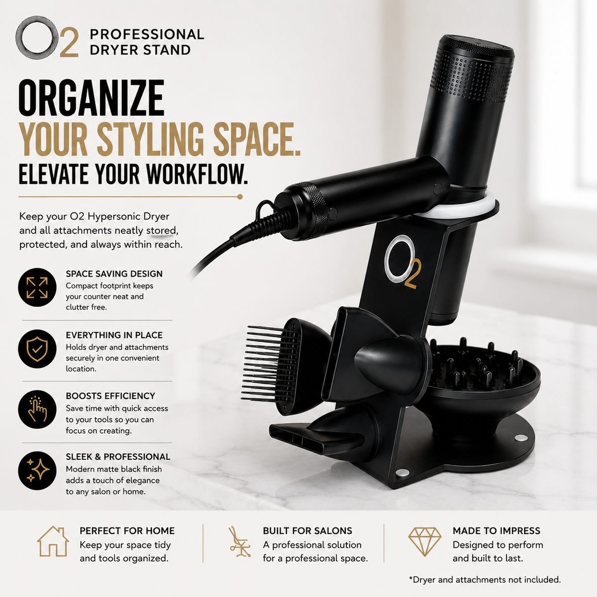 O2 dryer stand organizing a black Hypersonic dryer, comb, nozzles, and diffuser on a counter; dryer and attachments not included.