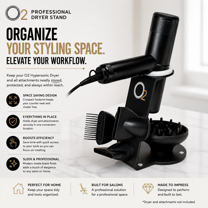 O2 dryer stand organizing a black Hypersonic dryer, comb, nozzles, and diffuser on a counter; dryer and attachments not included.