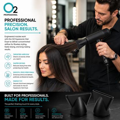 Stylist using an O2 Hypersonic dryer with a concentrator nozzle and round brush on a woman's brown hair, with two nozzles below.