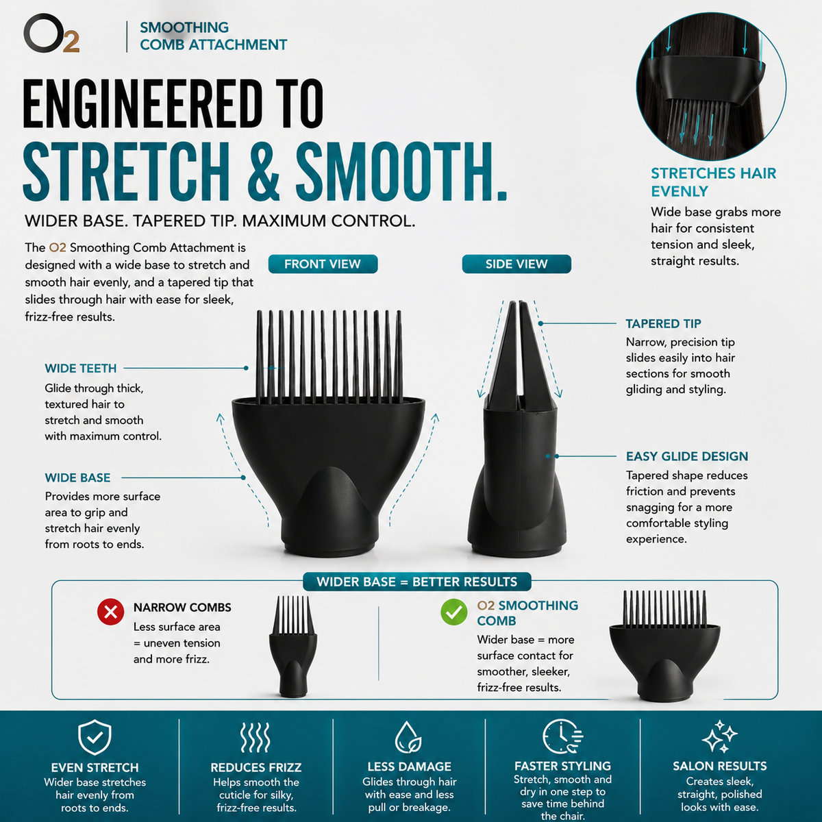 Black O2 smoothing comb attachment shown from the front and side, highlighting its wide base, tapered tip and evenly spaced teeth.