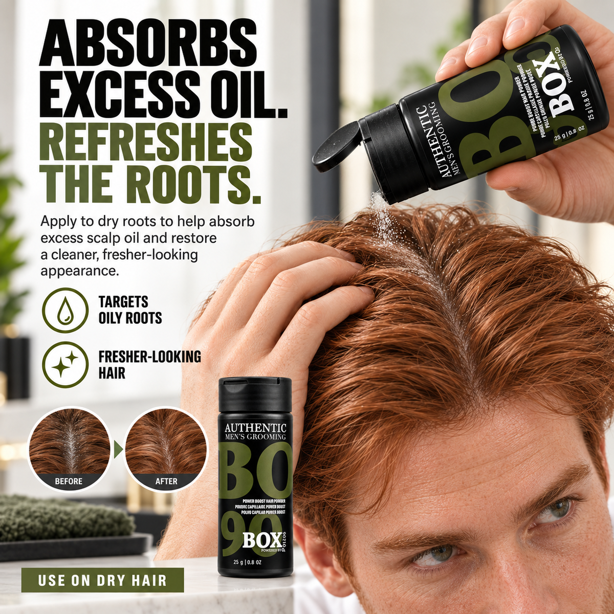 Red-haired man applying BOX90210 Power Boost Hair Powder along his hair part, with before-and-after root close-ups and oily-root and fresher-looking-hair callouts.