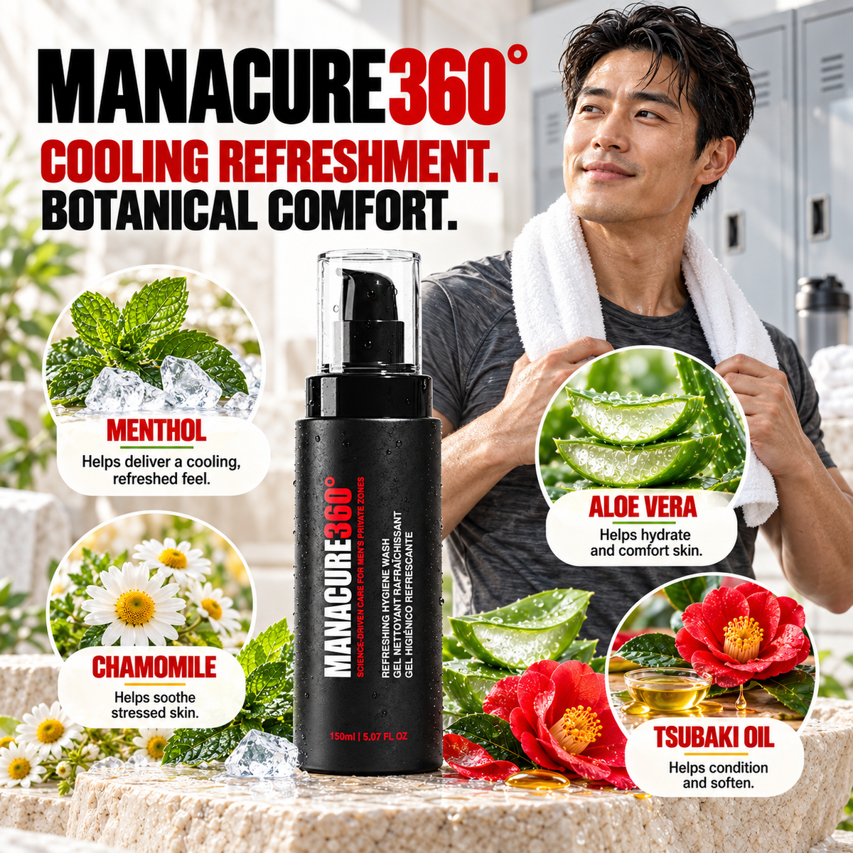 MANACURE360 Refreshing Hygiene Wash bottle surrounded by botanical illustrations and menthol, chamomile, aloe vera and tsubaki oil callouts, with a man holding a towel in a locker room behind it.