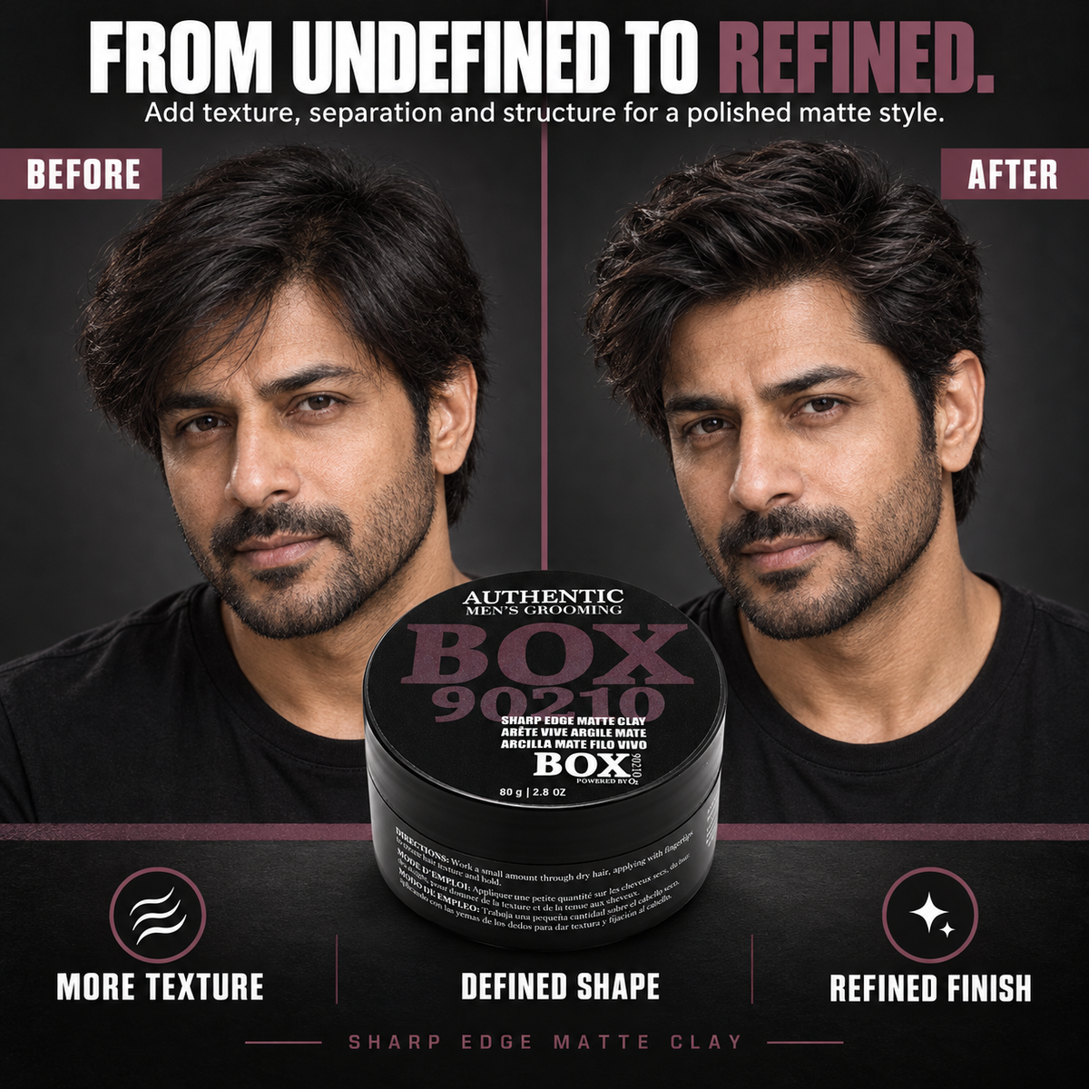 BOX90210 Sharp Edge Matte Clay jar between before-and-after portraits of a man with flat, side-swept hair on the left and lifted, textured hair on the right.