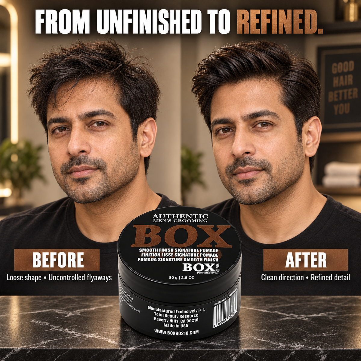 BOX90210 Smooth Finish Signature Pomade jar between before-and-after portraits of a man with tousled hair on the left and smooth, side-swept hair on the right.
