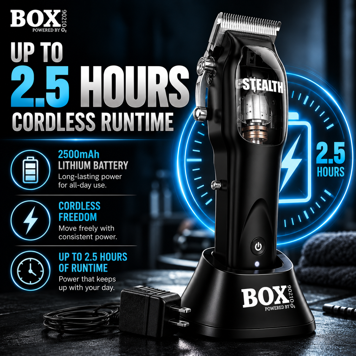 BOX90210 STEALTH clipper in its charging base beside a power adapter, with a graphic labeled up to 2.5 hours cordless runtime.