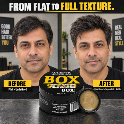 BOX90210 Texture Threads Fiber Paste jar beside exposed paste, in front of before-and-after portraits of a man with flat hair on the left and lifted, textured hair on the right.