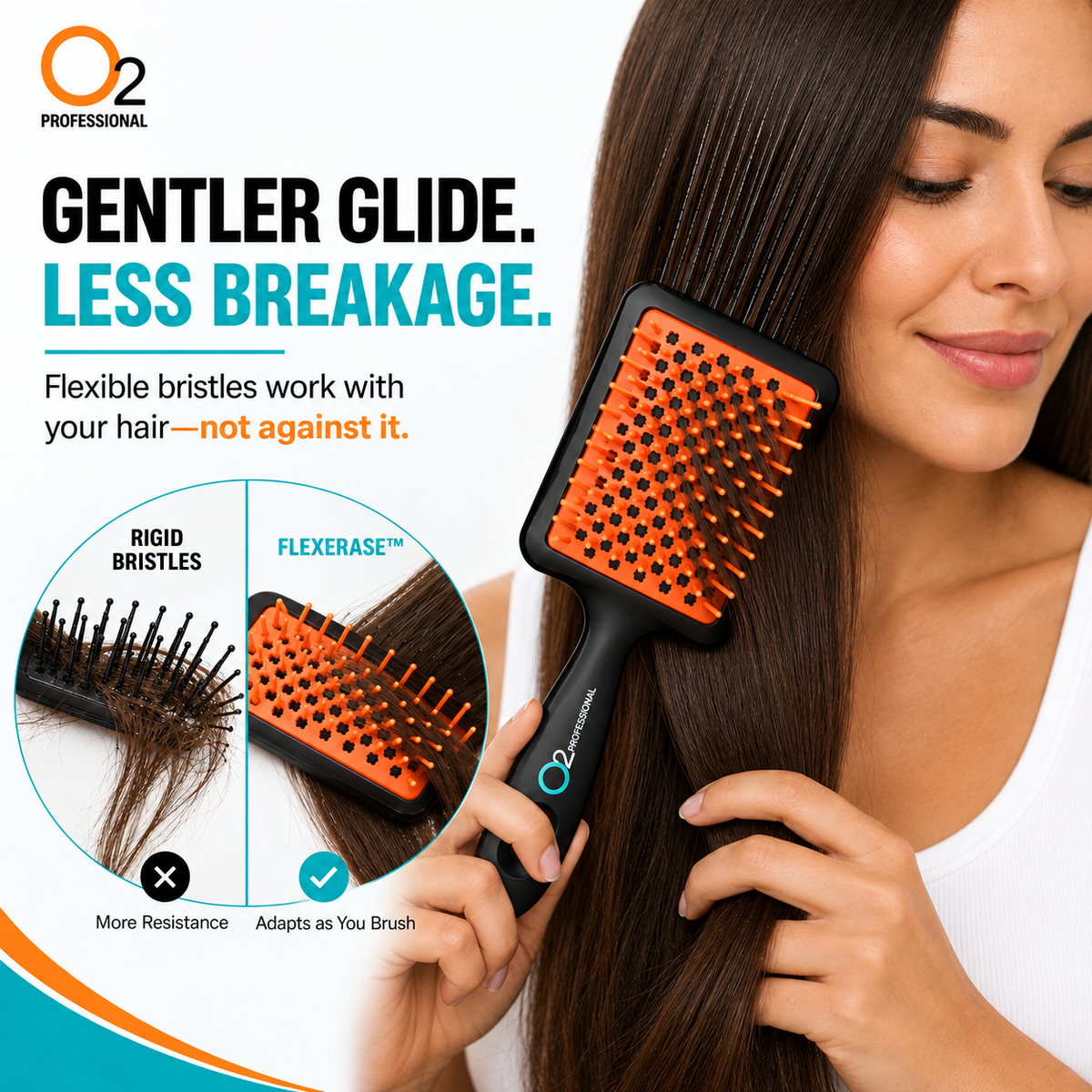 Woman brushing long straight brown hair with an orange-pad O2 Tangle Eraser, beside an inset comparing rigid and flexible bristles.