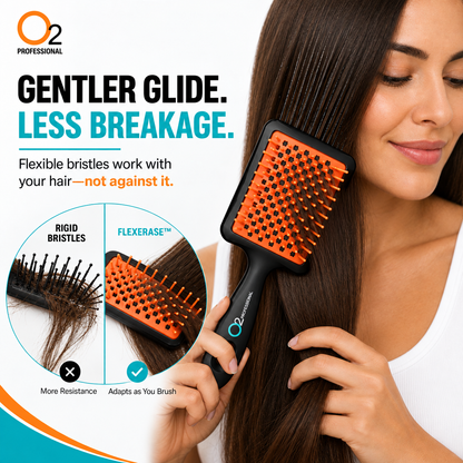 Woman brushing long straight brown hair with an orange-pad O2 Tangle Eraser, beside an inset comparing rigid and flexible bristles.