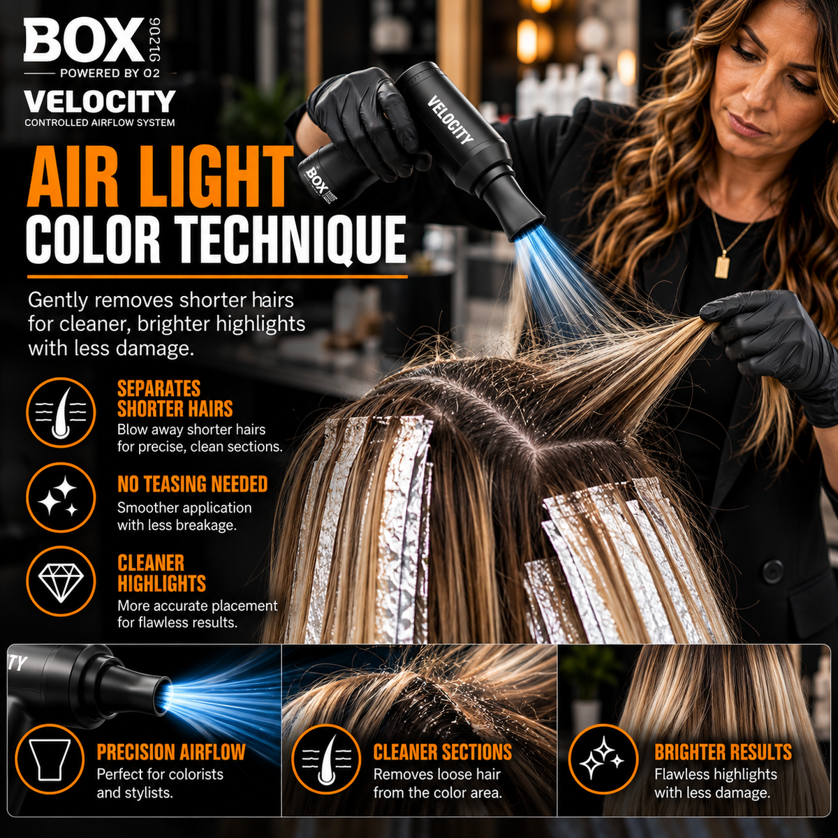 Stylist using BOX90210 VELOCITY to separate a section of hair above highlighting foils in an Air Light color technique graphic.