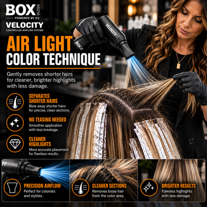 Stylist using BOX90210 VELOCITY to separate a section of hair above highlighting foils in an Air Light color technique graphic.