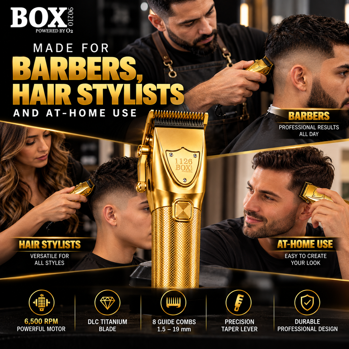 Gold BOX90210 1126 clipper surrounded by panels showing a barber, a hairstylist and a man cutting his own hair.
