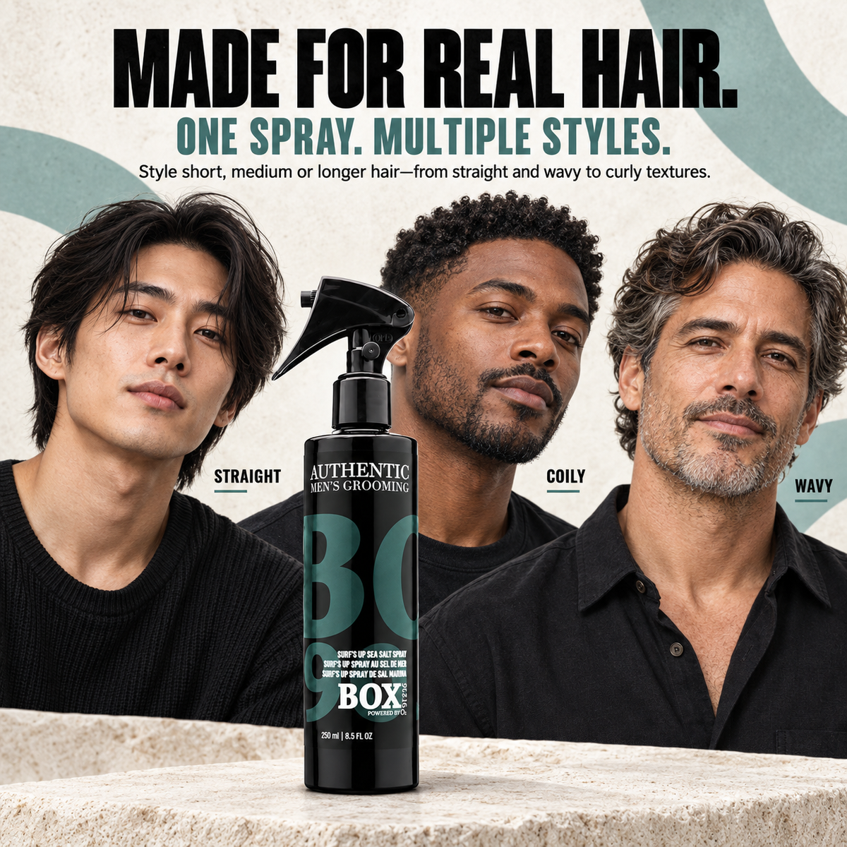 BOX90210 Surf’s Up Sea Salt Spray bottle in front of three men’s portraits labeled straight, coily and wavy hair.