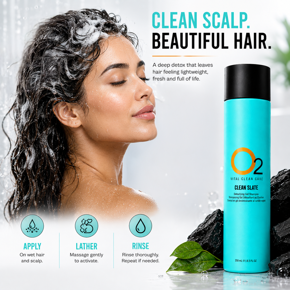 Woman with shampoo lather in her hair beside an O2 CLEAN SLATE bottle and apply, lather, and rinse instructions.