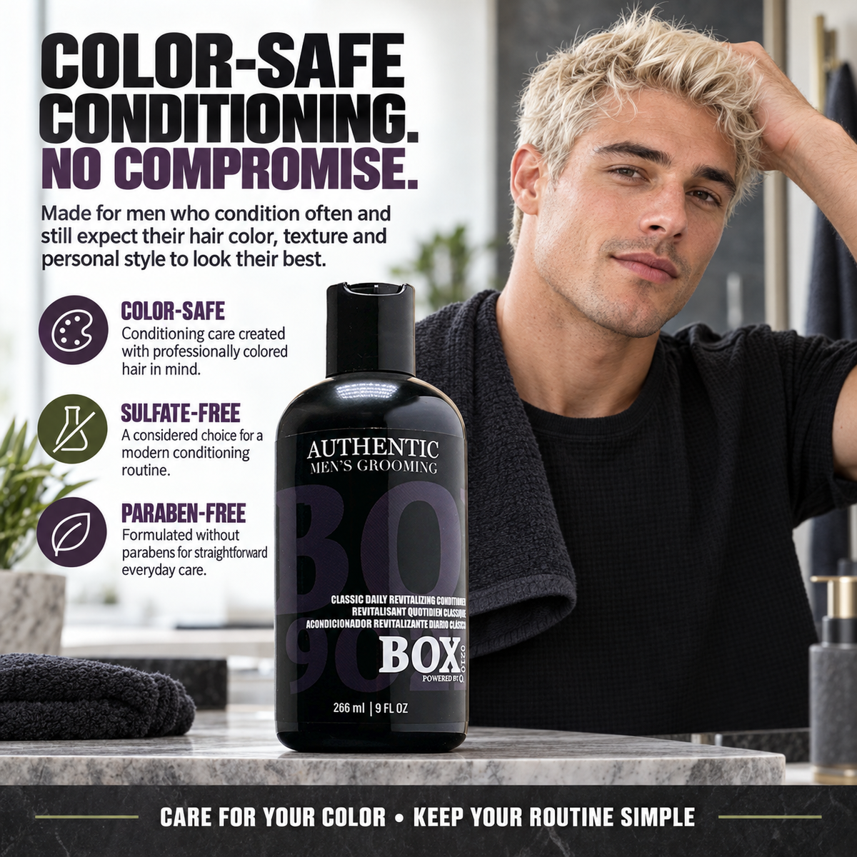Man touching his blond hair beside a BOX90210 Classic Daily Revitalizing Conditioner bottle and callouts labeled color-safe, sulfate-free and paraben-free.