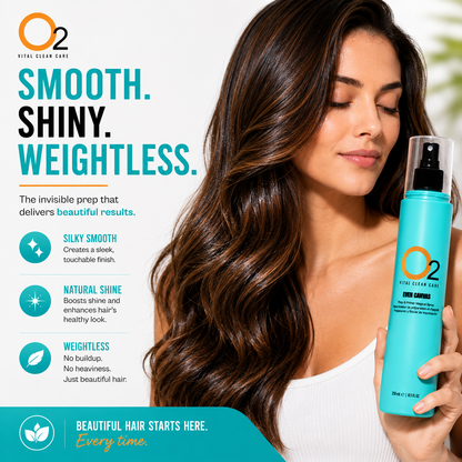 Woman with long, shiny brown waves holding O2 EVEN CANVAS spray beside a graphic highlighting smoothness, shine, and lightness.