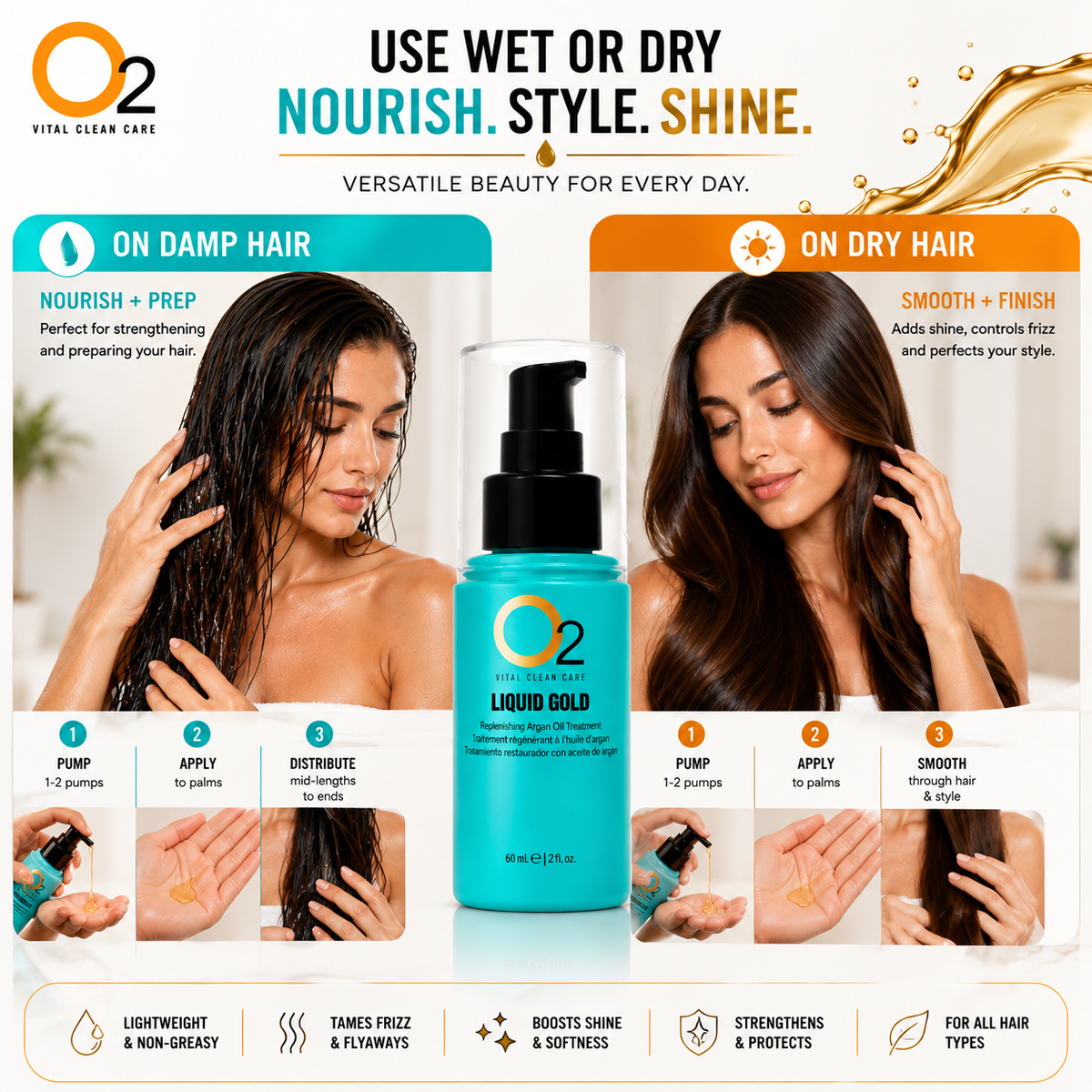 O2 LIQUID GOLD instructions: apply 1–2 pumps to palms, distribute through damp hair lengths and ends, or smooth through dry hair.