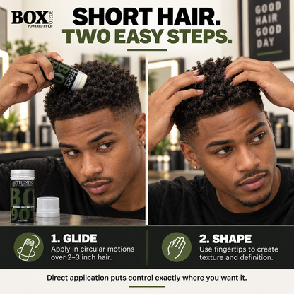 Two panels showing a man gliding BOX90210 Morning Hair Wax Stick over his short coily hair, then shaping it with his fingertips, with the uncapped stick and cap below.