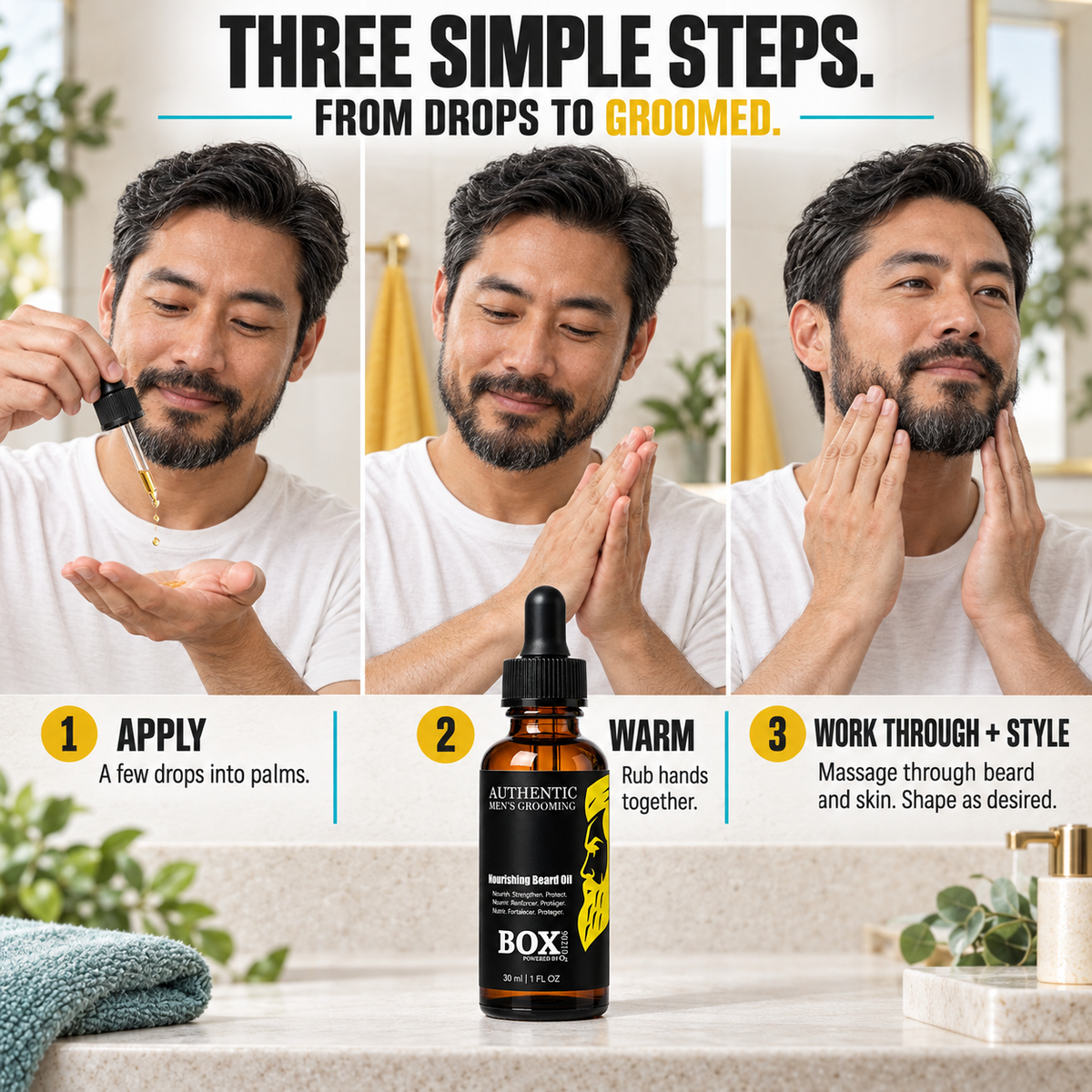 Three panels showing a man dispensing oil into his palm, rubbing his hands together and massaging his beard, with a BOX90210 Nourishing Beard Oil bottle on the counter below.