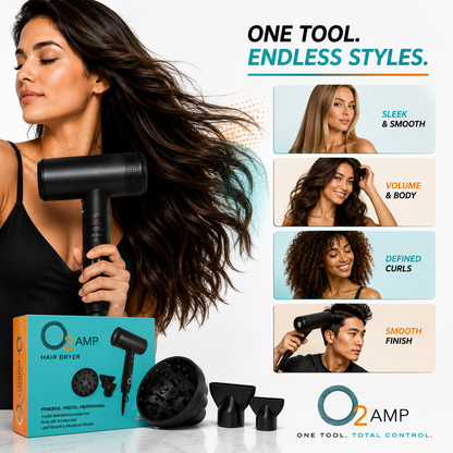 O2AMP hair dryer styling graphic showing smooth hair, volume and defined curls, with box, diffuser and two nozzles.