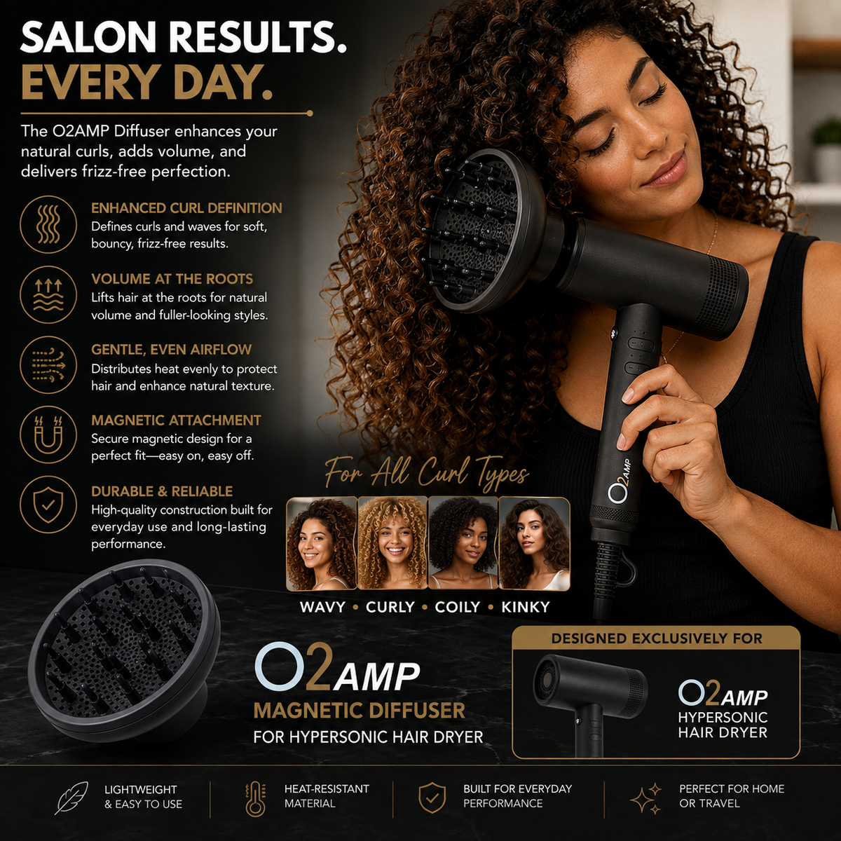 Woman using an O2AMP dryer with a diffuser on her brown curls, beside a detached diffuser and four curl-type portraits.