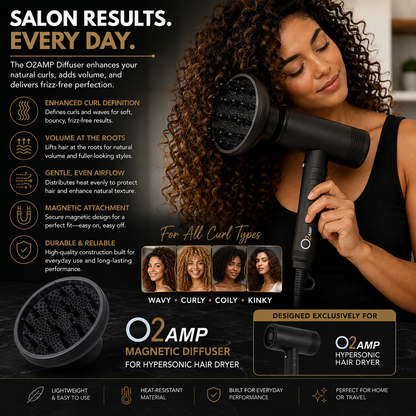 Woman using an O2AMP dryer with a diffuser on her brown curls, beside a detached diffuser and four curl-type portraits.