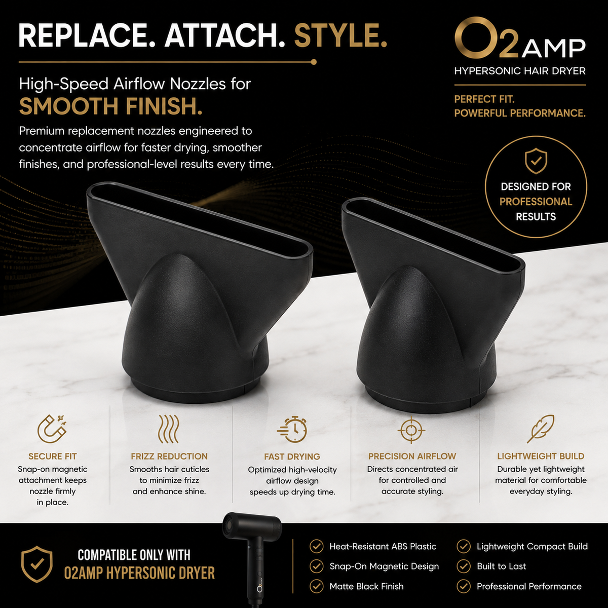 Two black O2AMP replacement concentrator nozzles on a white marble surface, with gold feature icons and a black backdrop.