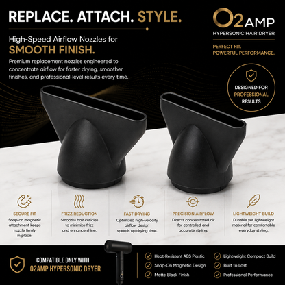 Two black O2AMP replacement concentrator nozzles on a white marble surface, with gold feature icons and a black backdrop.