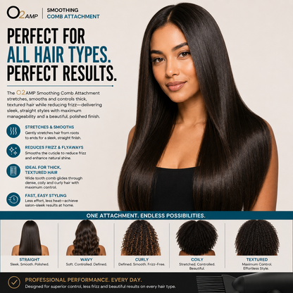 Woman with long, glossy straight black hair above five photos labeled straight, wavy, curly, coily, and textured hair.