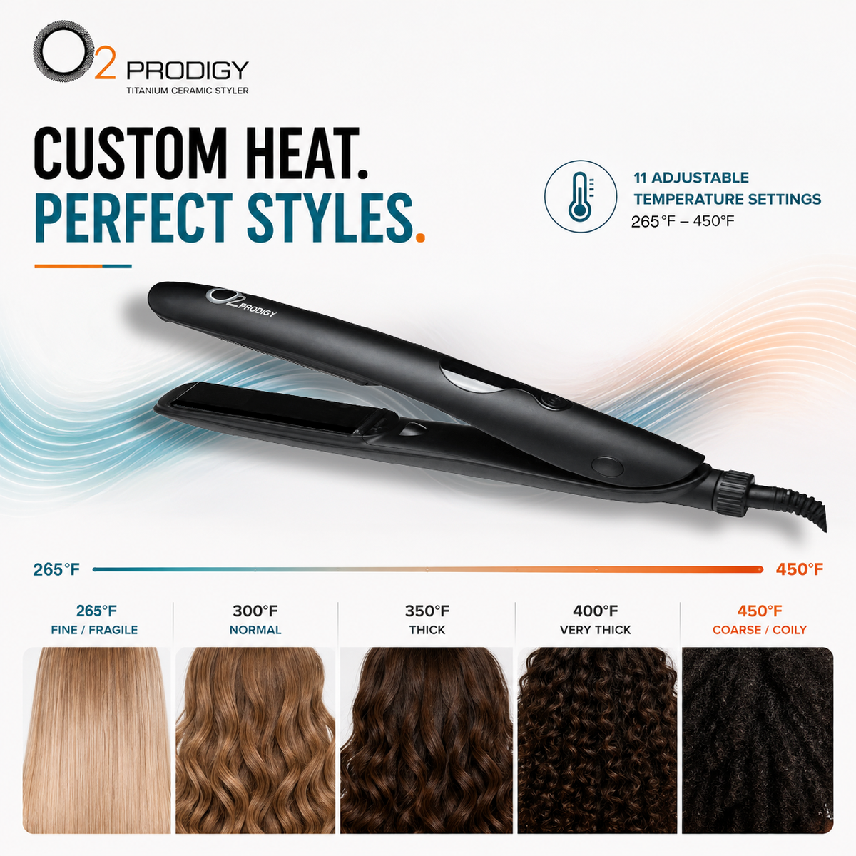 “O2PRODIGY styler heat guide showing 11 temperature settings from 265°F to 450°F for fine through coarse hair.”