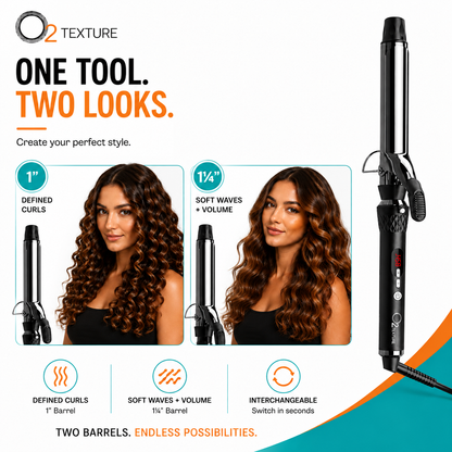 O2TEXTURE curling iron graphic comparing defined curls with the 1-inch barrel and soft waves with the 1.25-inch barrel.