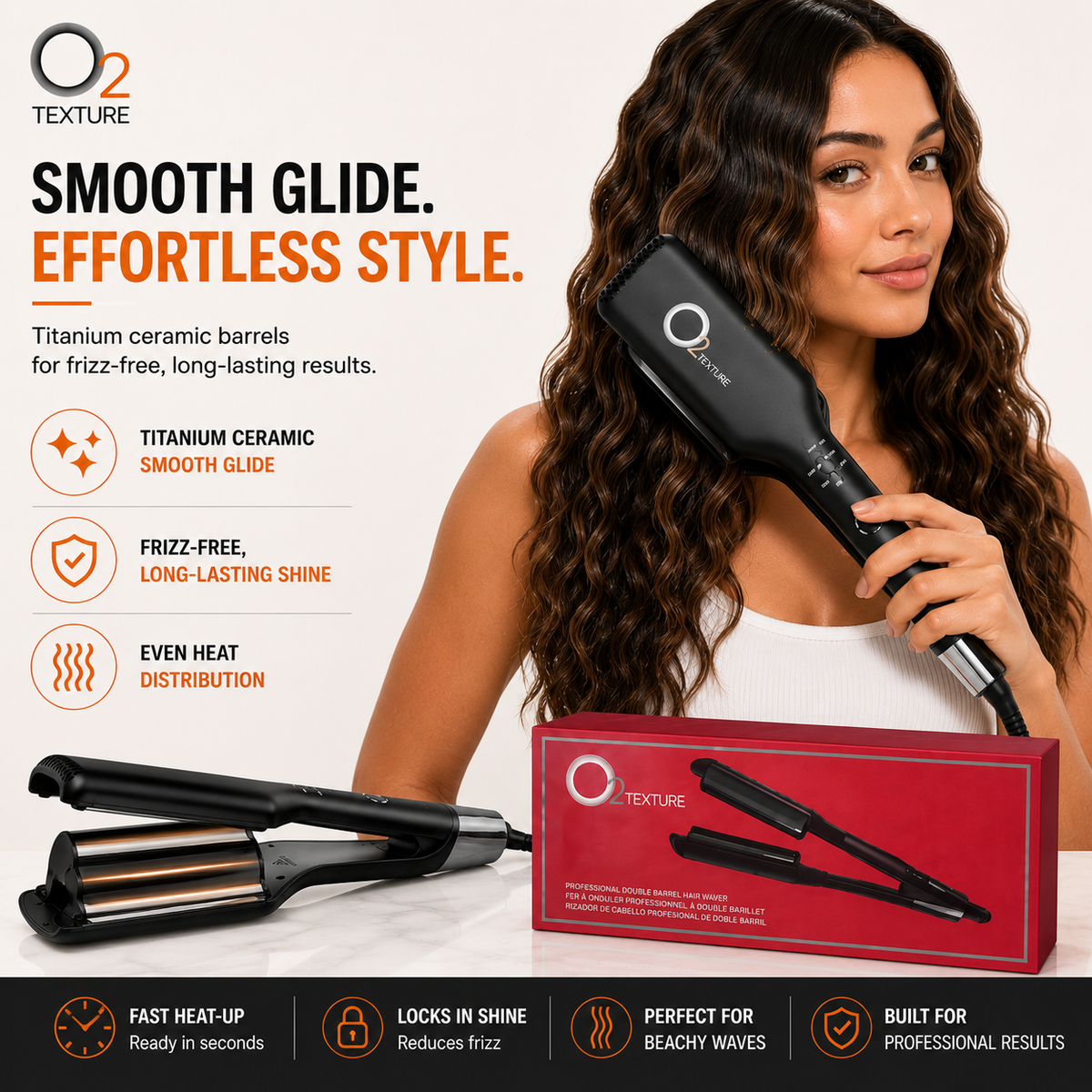 Woman with long waves holding the O2TEXTURE Double Waver, with an open waver and red retail box in the foreground.
