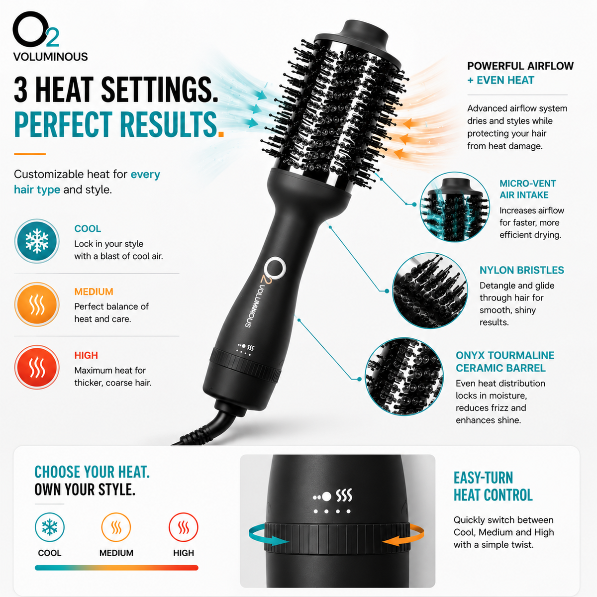 O2VOLUMINOUS dryer brush guide showing cool, medium and high heat settings, barrel details and a close-up of the twist control.