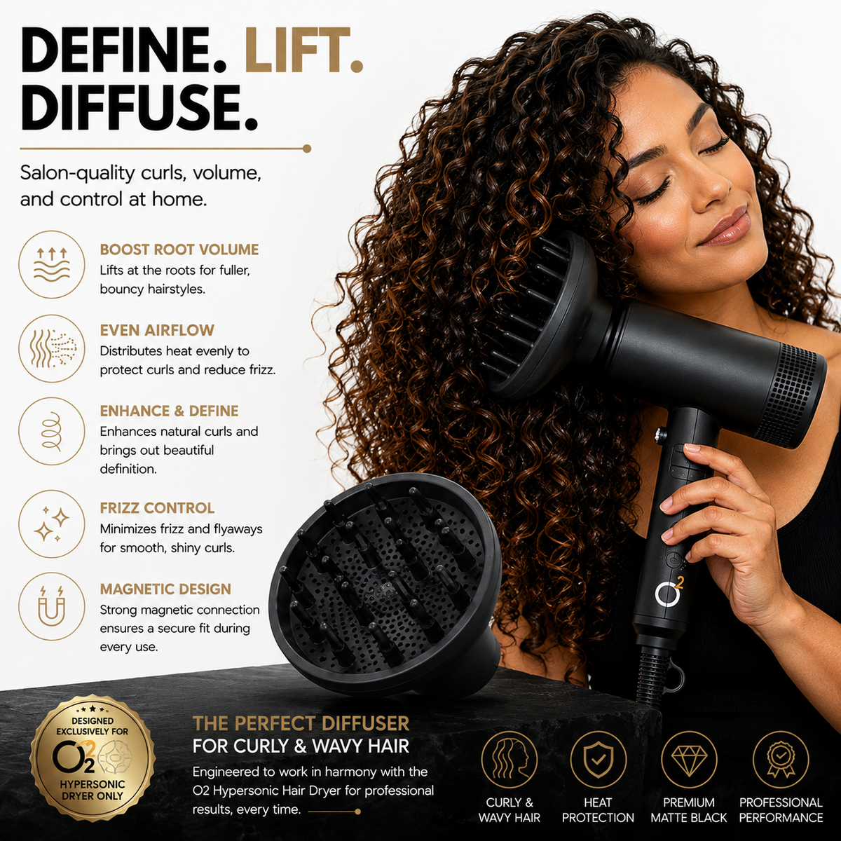 Woman using an O2 Hypersonic dryer with a diffuser on her brown curls, with a detached black diffuser in the foreground.