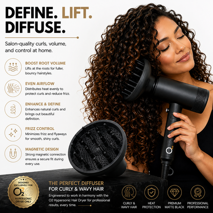 Woman using an O2 Hypersonic dryer with a diffuser on her brown curls, with a detached black diffuser in the foreground.