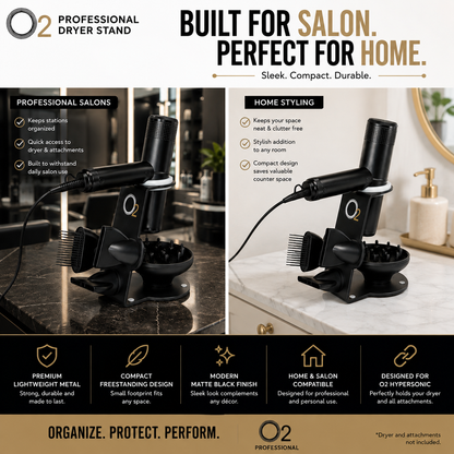 O2 dryer stand holding a dryer and attachments in side-by-side salon and home settings; dryer and attachments not included.