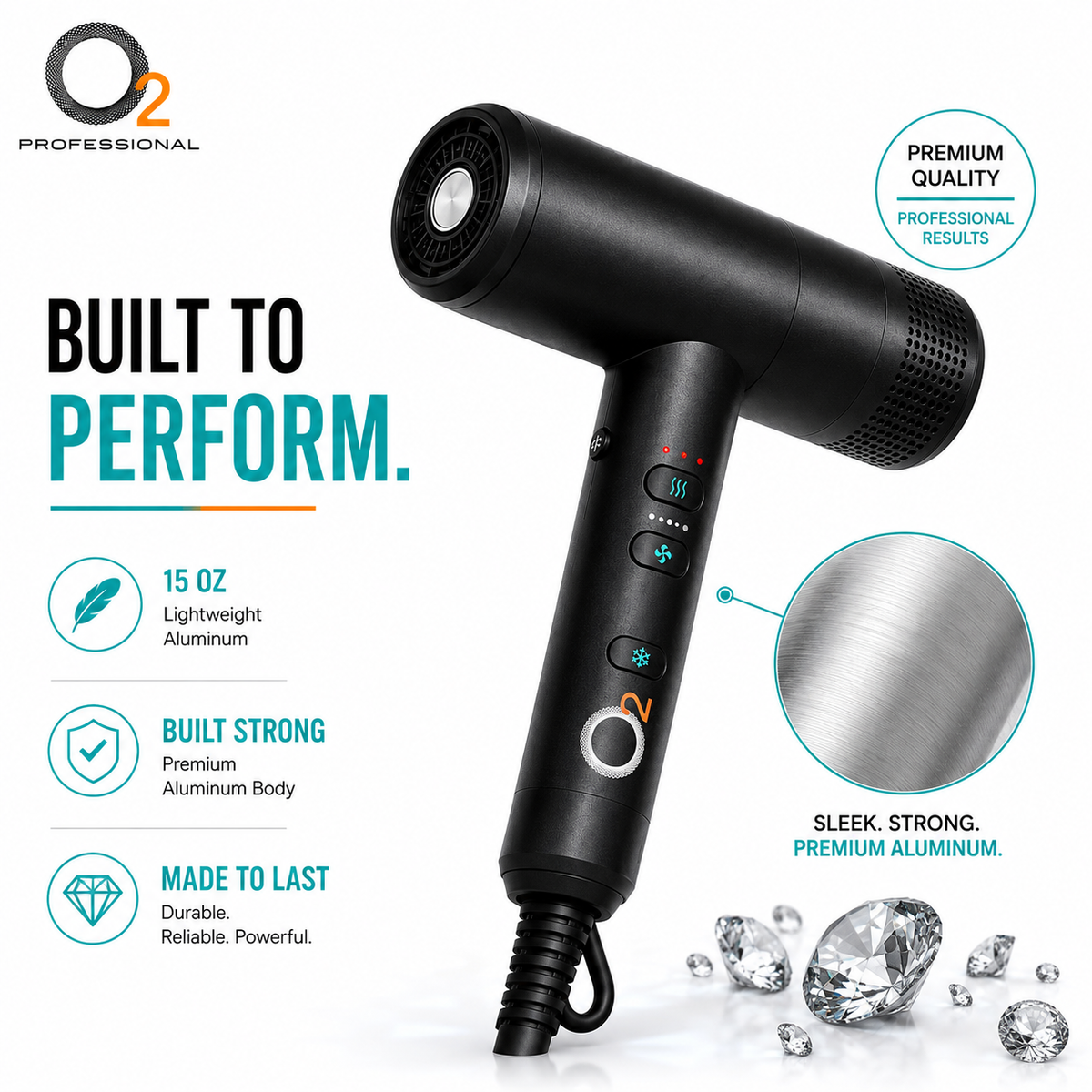 O2 Hypersonic Hair Dryer construction graphic highlighting a 15-ounce aluminum body and handle controls.