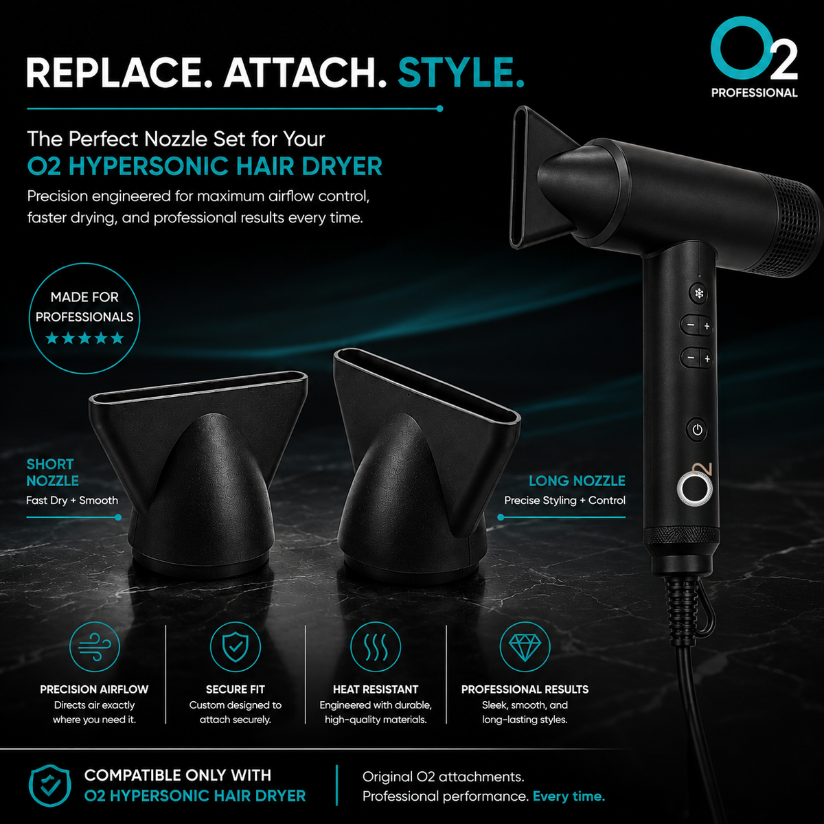 O2 Hypersonic dryer with a nozzle fitted beside short and long replacement nozzles on a dark surface, with feature icons.