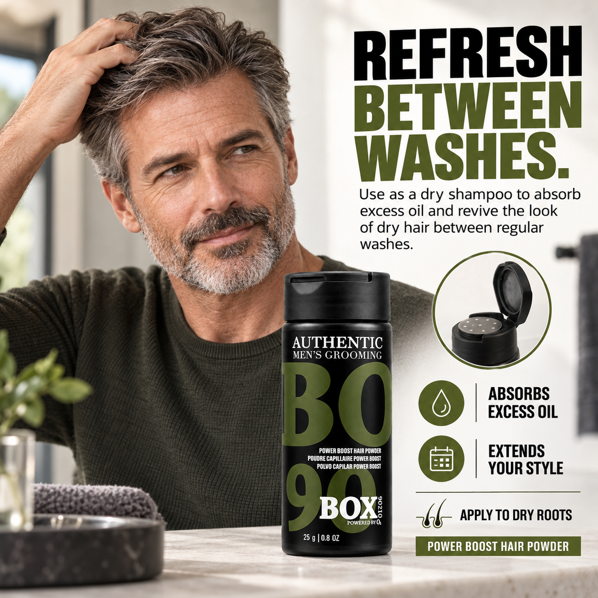 Man touching his salt-and-pepper hair beside a BOX90210 Power Boost Hair Powder bottle, with an open shaker-cap close-up and oil-absorption and style-extension callouts.