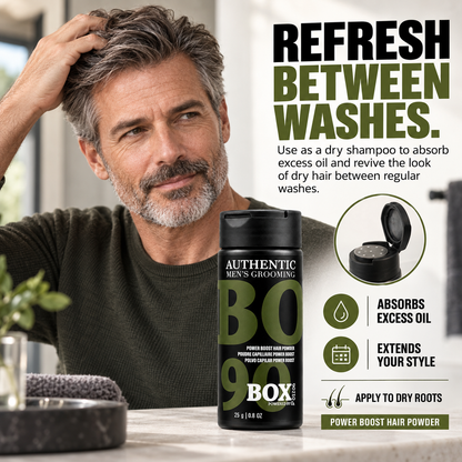 Man touching his salt-and-pepper hair beside a BOX90210 Power Boost Hair Powder bottle, with an open shaker-cap close-up and oil-absorption and style-extension callouts.