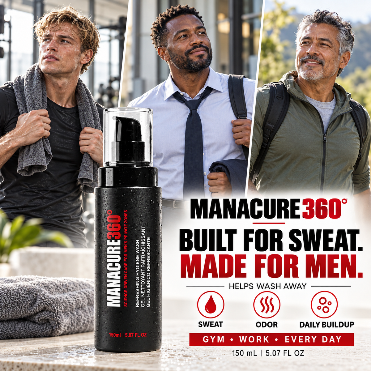 MANACURE360 Refreshing Hygiene Wash bottle in front of three men shown at the gym, dressed for work and outdoors with a backpack, with sweat, odor and daily-buildup callouts.
