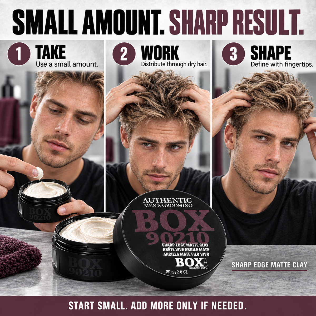 Open BOX90210 Sharp Edge Matte Clay jar and lid in front of three panels showing a blond man taking clay, working it through his hair and shaping with his fingertips.