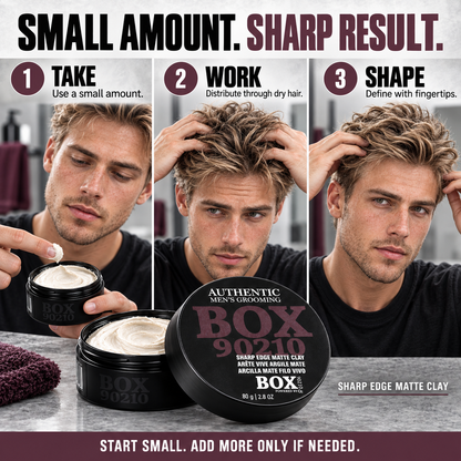 Open BOX90210 Sharp Edge Matte Clay jar and lid in front of three panels showing a blond man taking clay, working it through his hair and shaping with his fingertips.