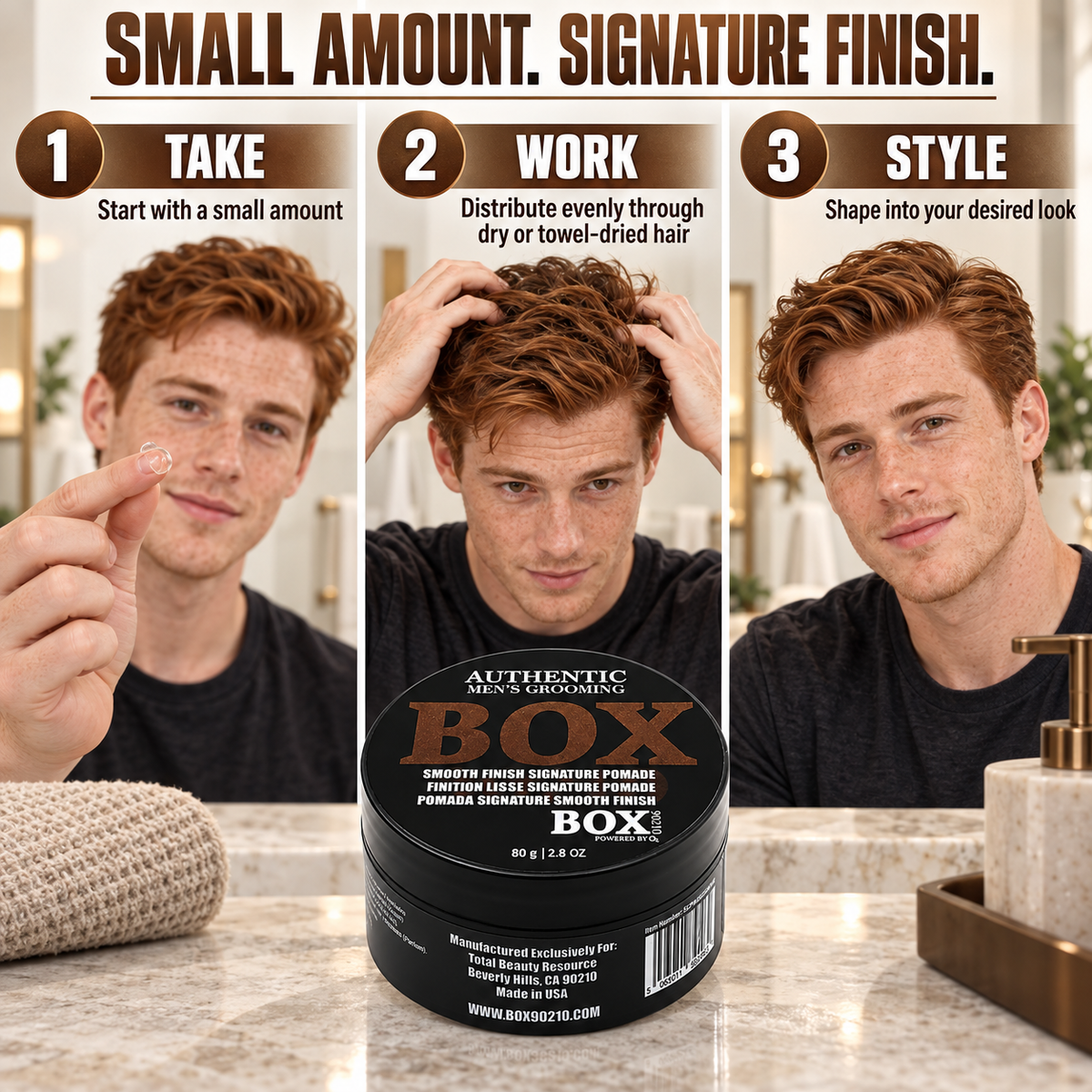 BOX90210 Smooth Finish Signature Pomade jar in front of three panels showing a red-haired man holding a small amount of pomade, working it through his hair and displaying the finished style.
