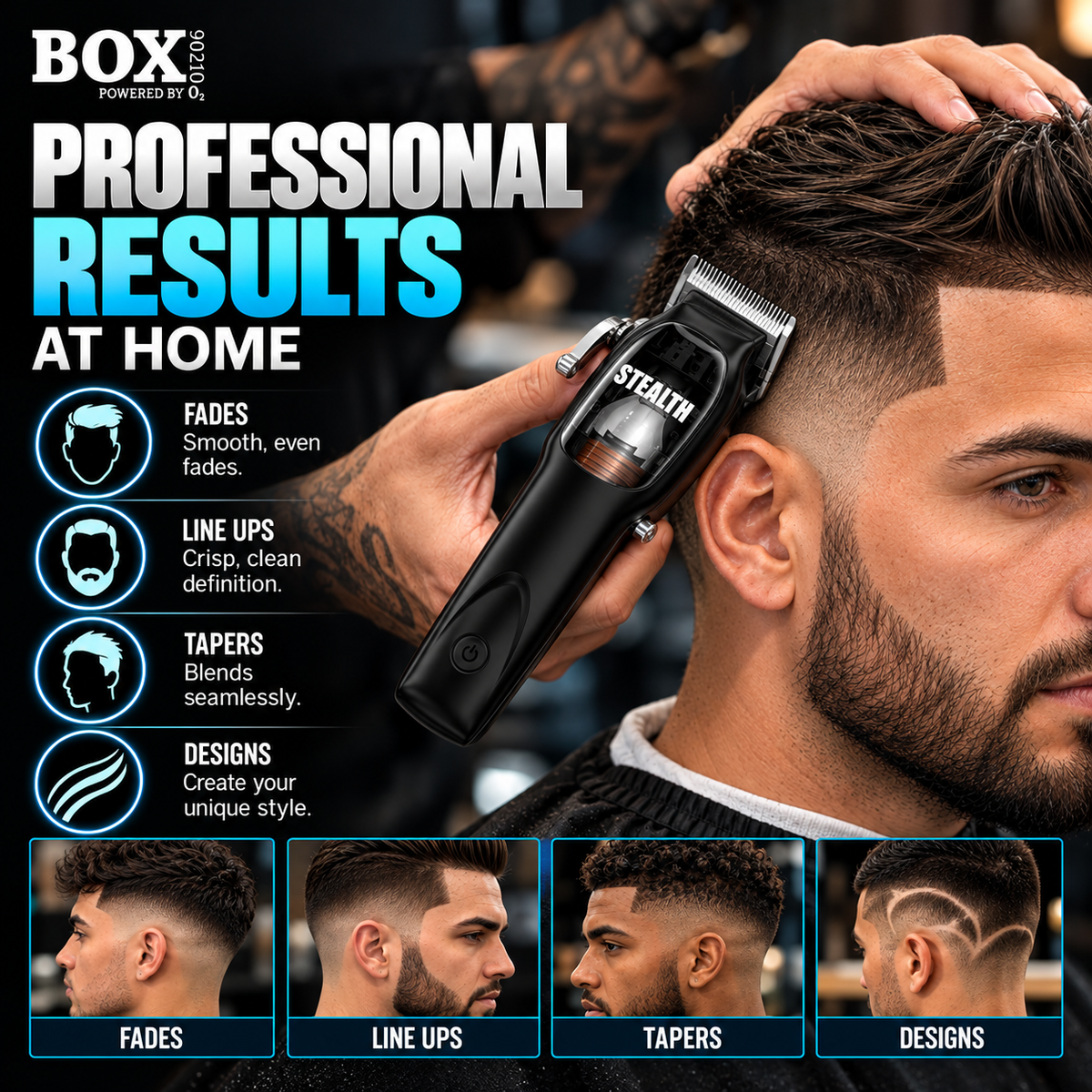 Barber using a BOX90210 STEALTH clipper on the side of a man's head, with example panels showing fades, lineups, tapers and designs.