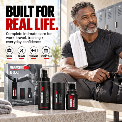 MANACURE360 Signature Intimate Care Set box and three care products beside a seated man with a towel and gym bag in a locker room, with work, travel, training and everyday callouts.