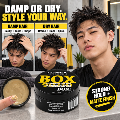 Man with spiked hair beside a BOX90210 Texture Threads Fiber Paste jar and exposed paste, with inset panels showing styling on damp and dry hair.