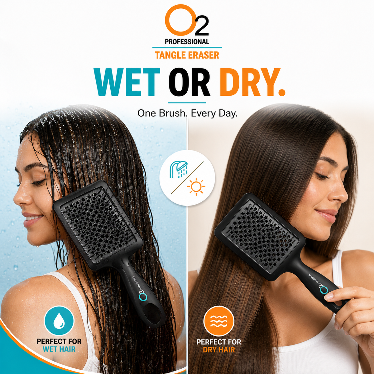 Split image of women using black O2 Tangle Eraser brushes on wet dark hair and dry straight brown hair, with wet and dry icons.