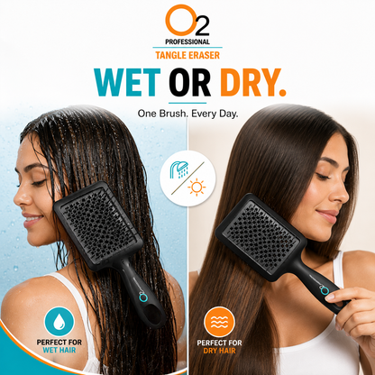 Split image of women using black O2 Tangle Eraser brushes on wet dark hair and dry straight brown hair, with wet and dry icons.