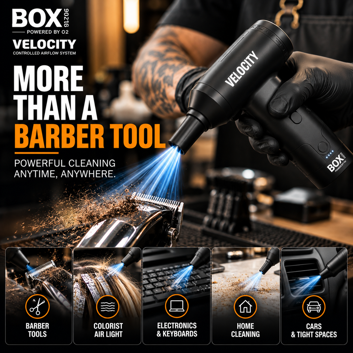 BOX90210 VELOCITY graphic showing clipper cleaning, hair sectioning, keyboard cleaning, household cleaning and car vent cleaning.
