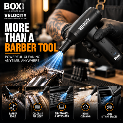 BOX90210 VELOCITY graphic showing clipper cleaning, hair sectioning, keyboard cleaning, household cleaning and car vent cleaning.